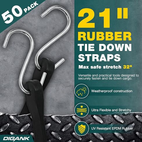 Bungee Cords with Hooks 21" 50 Pack, Heavy Long Duty Rubber Tarp Straps with Crimped S Hooks for Securing Truck, Cargo, Tarps in Extreme Weather, Max Stretch 1.5X & Max Load Capacity 185 LBS in Kuwait