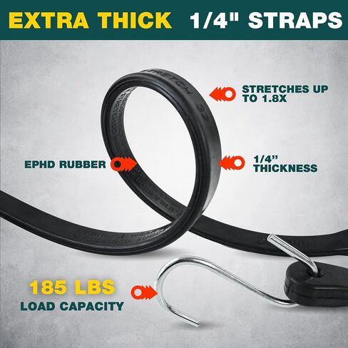 Bungee Cords with Hooks 21" 50 Pack, Heavy Long Duty Rubber Tarp Straps with Crimped S Hooks for Securing Truck, Cargo, Tarps in Extreme Weather, Max Stretch 1.5X & Max Load Capacity 185 LBS in Kuwait