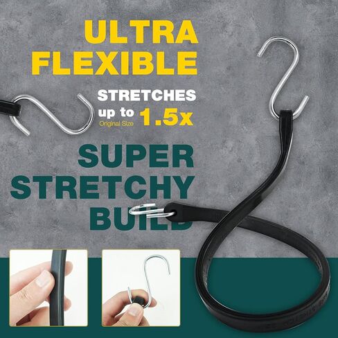 Bungee Cords with Hooks 21" 50 Pack, Heavy Long Duty Rubber Tarp Straps with Crimped S Hooks for Securing Truck, Cargo, Tarps in Extreme Weather, Max Stretch 1.5X & Max Load Capacity 185 LBS in Kuwait