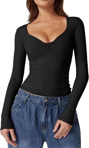 QINSEN Womens Long Sleeve Twist Front V Neck T Shirts Double Lined Slim Fit Trendy Top Tee in Kuwait