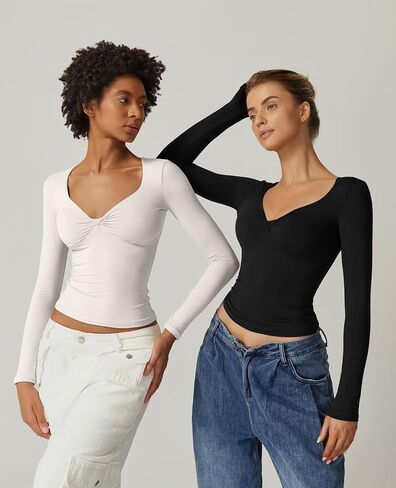 QINSEN Womens Long Sleeve Twist Front V Neck T Shirts Double Lined Slim Fit Trendy Top Tee in Kuwait