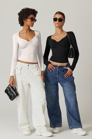 QINSEN Womens Long Sleeve Twist Front V Neck T Shirts Double Lined Slim Fit Trendy Top Tee in Kuwait
