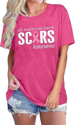 Pink Ribbon Shirts for Women Breast Cancer Awareness Tshirts Ribbon Graphic Print Tee Inspirational Breast Cancer Tops in Kuwait