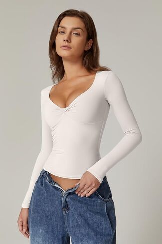 QINSEN Womens Long Sleeve Twist Front V Neck T Shirts Double Lined Slim Fit Trendy Top Tee in Kuwait