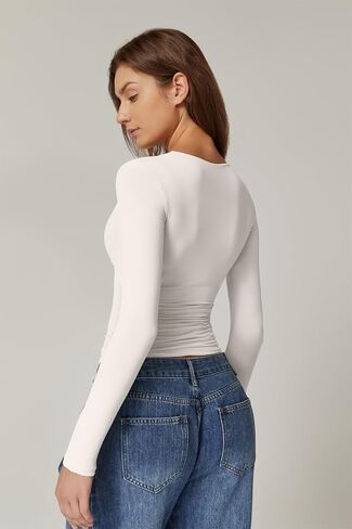 QINSEN Womens Long Sleeve Twist Front V Neck T Shirts Double Lined Slim Fit Trendy Top Tee in Kuwait