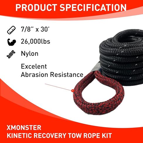 7/8“x30' Kinetic Recovery Rope & 100% Nylon Towing Rope 29,000lbs Breaking Strength with 2 Soft Shackles (40,000lbs), Free Durable Heavy Duty Handbag Off-Road Recovery Kits in Saudi Arabia