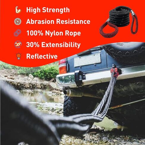 7/8“x30' Kinetic Recovery Rope & 100% Nylon Towing Rope 29,000lbs Breaking Strength with 2 Soft Shackles (40,000lbs), Free Durable Heavy Duty Handbag Off-Road Recovery Kits in Saudi Arabia