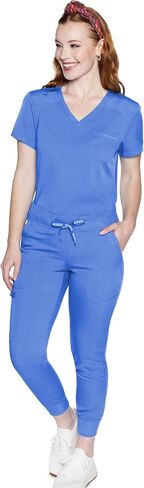 طقم فرك نسائي من Med Couture مع توب فرك برقبة على شكل حرف V MC7448 وبنطلون قابل للتمدد في اتجاهين 7710، Ciel - M Top/M Pant in Saudi Arabia
