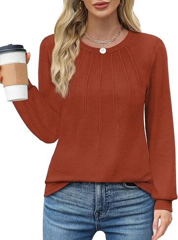 WIHOLL Womens Tunic Tops Loose Fit Long Sleeve Pleated Shirts Crewneck Tops in Kuwait