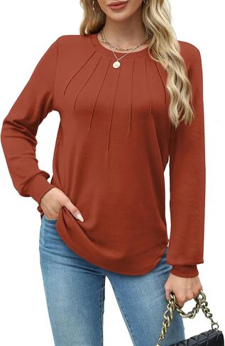 WIHOLL Womens Tunic Tops Loose Fit Long Sleeve Pleated Shirts Crewneck Tops in Kuwait