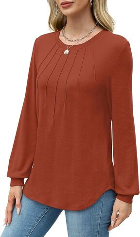 WIHOLL Womens Tunic Tops Loose Fit Long Sleeve Pleated Shirts Crewneck Tops in Kuwait