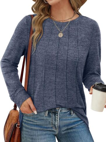Saloogoe Long Sleeve Shirts for Women Dressy Casual Tops Pleated Front Lightweight Sweaters in Kuwait