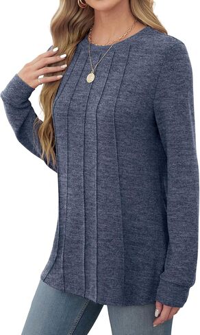 Saloogoe Long Sleeve Shirts for Women Dressy Casual Tops Pleated Front Lightweight Sweaters in Kuwait
