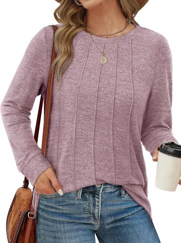 Saloogoe Long Sleeve Shirts for Women Dressy Casual Tops Pleated Front Lightweight Sweaters in Kuwait