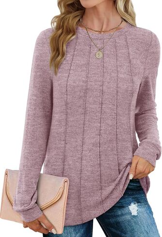 Saloogoe Long Sleeve Shirts for Women Dressy Casual Tops Pleated Front Lightweight Sweaters in Kuwait