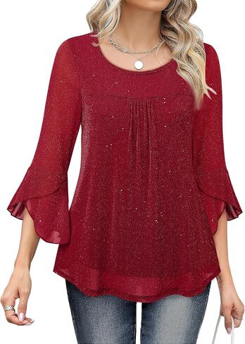 Bebonnie Women's Ruffle 3/4 Sleeve Elegant Dressy Blouses Crew Neck Double Layers Mesh Tunic Tops in Saudi Arabia