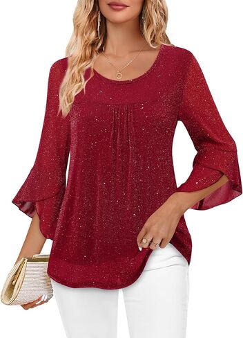 Bebonnie Women's Ruffle 3/4 Sleeve Elegant Dressy Blouses Crew Neck Double Layers Mesh Tunic Tops in Saudi Arabia