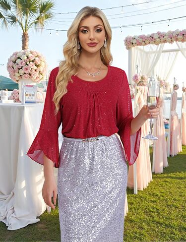 Bebonnie Women's Ruffle 3/4 Sleeve Elegant Dressy Blouses Crew Neck Double Layers Mesh Tunic Tops in Saudi Arabia