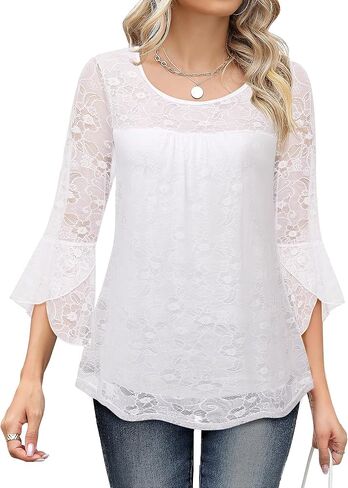 Bebonnie Women's Ruffle 3/4 Sleeve Elegant Dressy Blouses Crew Neck Double Layers Mesh Tunic Tops in Saudi Arabia