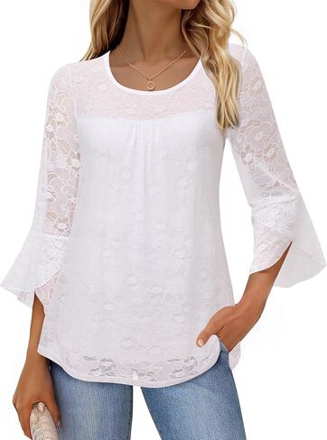 Bebonnie Women's Ruffle 3/4 Sleeve Elegant Dressy Blouses Crew Neck Double Layers Mesh Tunic Tops in Saudi Arabia