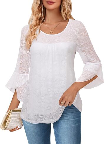 Bebonnie Women's Ruffle 3/4 Sleeve Elegant Dressy Blouses Crew Neck Double Layers Mesh Tunic Tops in Saudi Arabia