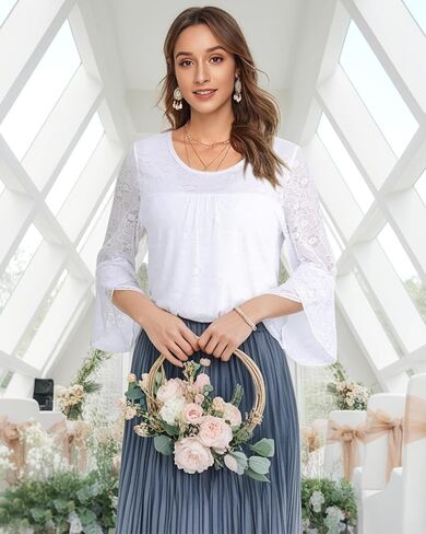 Bebonnie Women's Ruffle 3/4 Sleeve Elegant Dressy Blouses Crew Neck Double Layers Mesh Tunic Tops in Saudi Arabia
