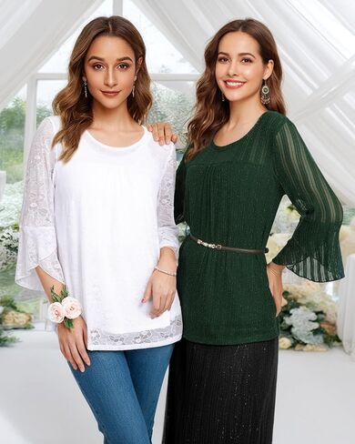 Bebonnie Women's Ruffle 3/4 Sleeve Elegant Dressy Blouses Crew Neck Double Layers Mesh Tunic Tops in Saudi Arabia