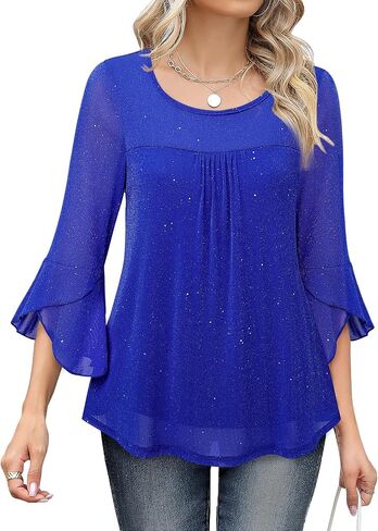 Bebonnie Women's Ruffle 3/4 Sleeve Elegant Dressy Blouses Crew Neck Double Layers Mesh Tunic Tops in Saudi Arabia