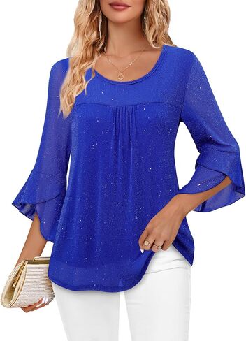 Bebonnie Women's Ruffle 3/4 Sleeve Elegant Dressy Blouses Crew Neck Double Layers Mesh Tunic Tops in Saudi Arabia