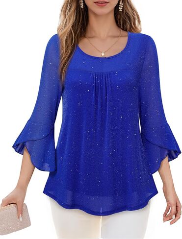 Bebonnie Women's Ruffle 3/4 Sleeve Elegant Dressy Blouses Crew Neck Double Layers Mesh Tunic Tops in Saudi Arabia