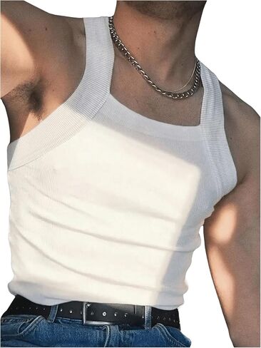 OYOANGLE Men's Square Neck Sleeveless Ribbed Knit Tank Top Slim Fit Solid Muscle Tops in Saudi Arabia