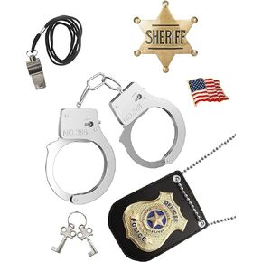 Police Badge Police Pretend Play Set for Metal Handcuffs with Key American Flag Waving Lapel Pins Whistle Halloween NYPD Police Sheriff Badge Dress Up Pretend Play Accessory Black