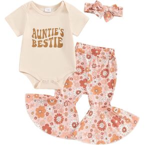 Aunties Bestie Baby Clothes Newborn Girl Short Sleeve Romper Bell Bottom Pants Headband Summer Flare Pants Outfit