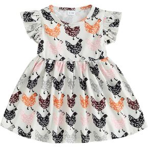 Toddler Baby Girl Western Dress Cow Print Ruffle Sleeve Dress Highland A-line One Piece Dresses Cowgirl Summer Outfit