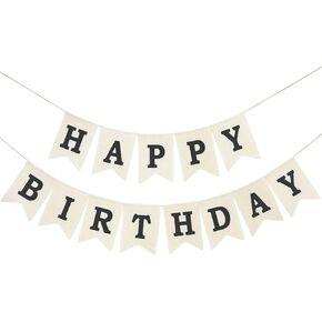 Burlap Happy Birthday Banner, Assembled Reusable Black Happy Birthday Sign for Rustic Birthday Party Decorations