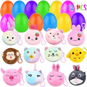 DINESIL 12 PCS Colorful Easter Eggs Prefilled with Cute Purse, Plush Cartoon Purse Easter Gifts for Girls Kids Toddlers Easter Toys Easter Eggs Basket Stuffers, Easter Party Favors Supplies