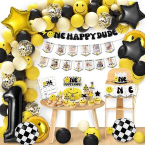 One Happy Dude Birthday Decorations - happy Face 1st Party Supplies, One Cool Dude 1st Birthday Balloons Arch Party Decor First Birthday Party Idea for Baby Boys and Girls