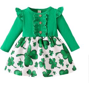 Ptomurs Toddler Baby Girls St.Patrick’s Day Outfits Ruffle Long Sleeve Shamrock Print Dress Princess Party Dress