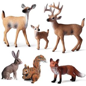 6Pcs Woodland Animal Figurines - Forest Animal Toy Figures with Deer Family, Rabbit, Fox, Squirrel - Miniature Animal Toys for Gift, Cake Topper&Decoration
