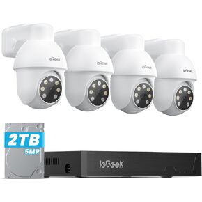 نظام كاميرا أمان ieGeek PoE، كاميرات PoE خارجية/داخلية بدقة 5 ميجابكسل مع 8 قنوات NVR لنظام المراقبة المنزلية، مجموعة كاميرا PTZ سلكية مع مستشعر حركة، صوت ثنائي الاتجاه، رؤية ليلية ملونة، اكتشاف الذكاء الاصطناعي، تسجيل 24/7