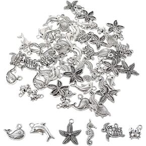 Honbay 60PCS Alloy Ocean Animals Charms Pendant Starfish Sea Horse Crab Tortoise Dolphins Whales Pendants for Earring Necklace Bracelet Keychain Jewelry Craft Making (6 Style)
