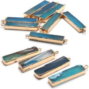 LE SKY Natural Stone Pendants connectors Rectangle bar Blue Agate Golden Alloy Edging Links Charms for Jewelry Making 5 Pcs
