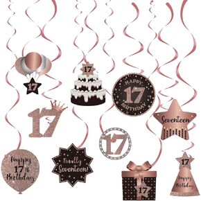 BRT Bearingshui Happy 17th Birthday Party Hanging Swirls Streams Ceiling Decorations, Celebration 17 Foil Hanging Swirls with Cutouts for 17 Years Old Rose Gold Birthday Party Decorations Supplies