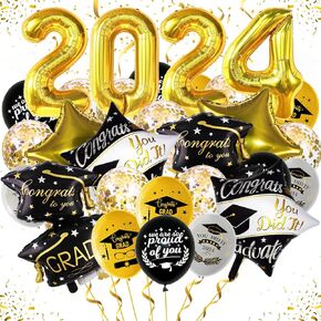 بالونات التخرج 2024، ديكورات حفلات التخرج 2024 تتضمن بالونات قصاصات ورق سوداء وزرقاء للتخرج، بالونات لاتكس بموضوع التخرج لمستلزمات حفلات التخرج 2024