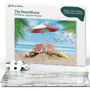 Keeping Busy Dementia Puzzles for Elderly - Large Piece Puzzles for Seniors - 35 Piece Jigsaw Beachfront Puzzle - Color Coded with Templates - Dementia Activities for Seniors - Easy Adult Puzzle