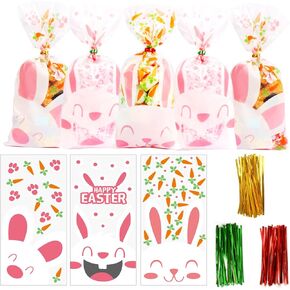 LOMIMOS Easter Cellophane Treat Bags,Rabbit Candy Cookie Packing Bags with Twist Ties, 90pcs