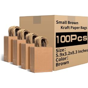 RACETOP Small Brown Kraft Paper Bags with Handles Bulk, 5.9"x3.2"x8.3" 100Pcs Small Brown Gift Bags, Mini Paper Bags, Gift Bags Bulk, Goodie Bag, Retail Bags, Gift Wrap Bags, Shopping Bags