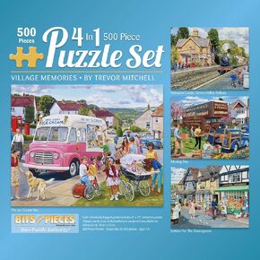 Bits and Pieces – 4-in-1 Multi-Pack 500 Piece Jigsaw Puzzles for Adults – illage Memories Jigsaw Puzzle Set Bundle by Trevor Mitchell, Completed Puzzle Size: 16" x 20"