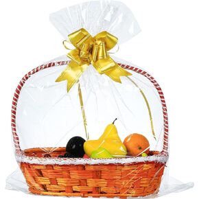 50 Packs Large Cellophane Bags 24 x 30 Clear Cellophane Gift Basket Wraps Extra-large 2.3 Mil Thick Clear Cello Bags for Fruit Basket, Gift Wrap, Treats, Arts and Crafts, 50ct Ribbon Bows Blue