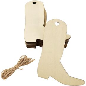 32 Pieces Wooden Cowboy Boots Tags Unfinished Wood Hanging Cowboy Boots Tags Natural Blank Wooden Cutouts Labels DIY Wooden Tags with Ropes